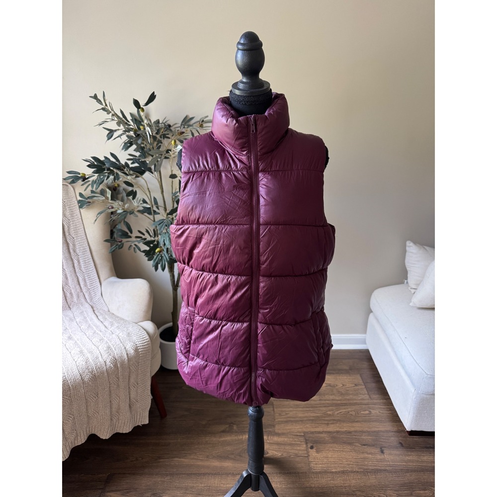 Old Navy Puffer Vest Burgundy Plum Fleece Lined Quilted Full Zip Tall Large